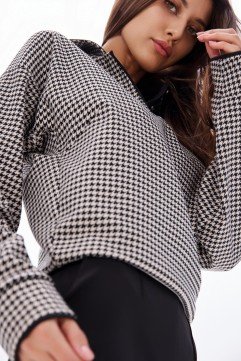 Фото Кофта в принте "гусиная лапка" с контрастным воротником (1)